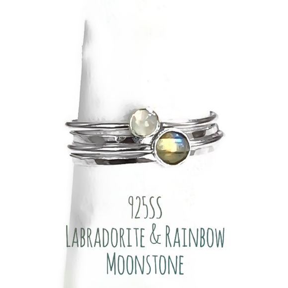 (2-13) 925 Sterling Silver Labradorite & Rainbow Moonstone Stacking Ring Set - Picture 1 of 9